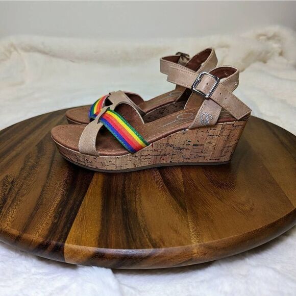 Jessica Simpson Kids Rainbow Strap Buckle Wedges Sandals Brown Size 4 - Picture 2 of 10